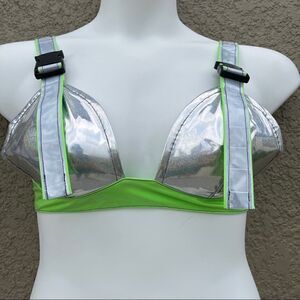 NWT Red night gothic reflective neon buckle bra Sz M costume cosplay EDM RAVE